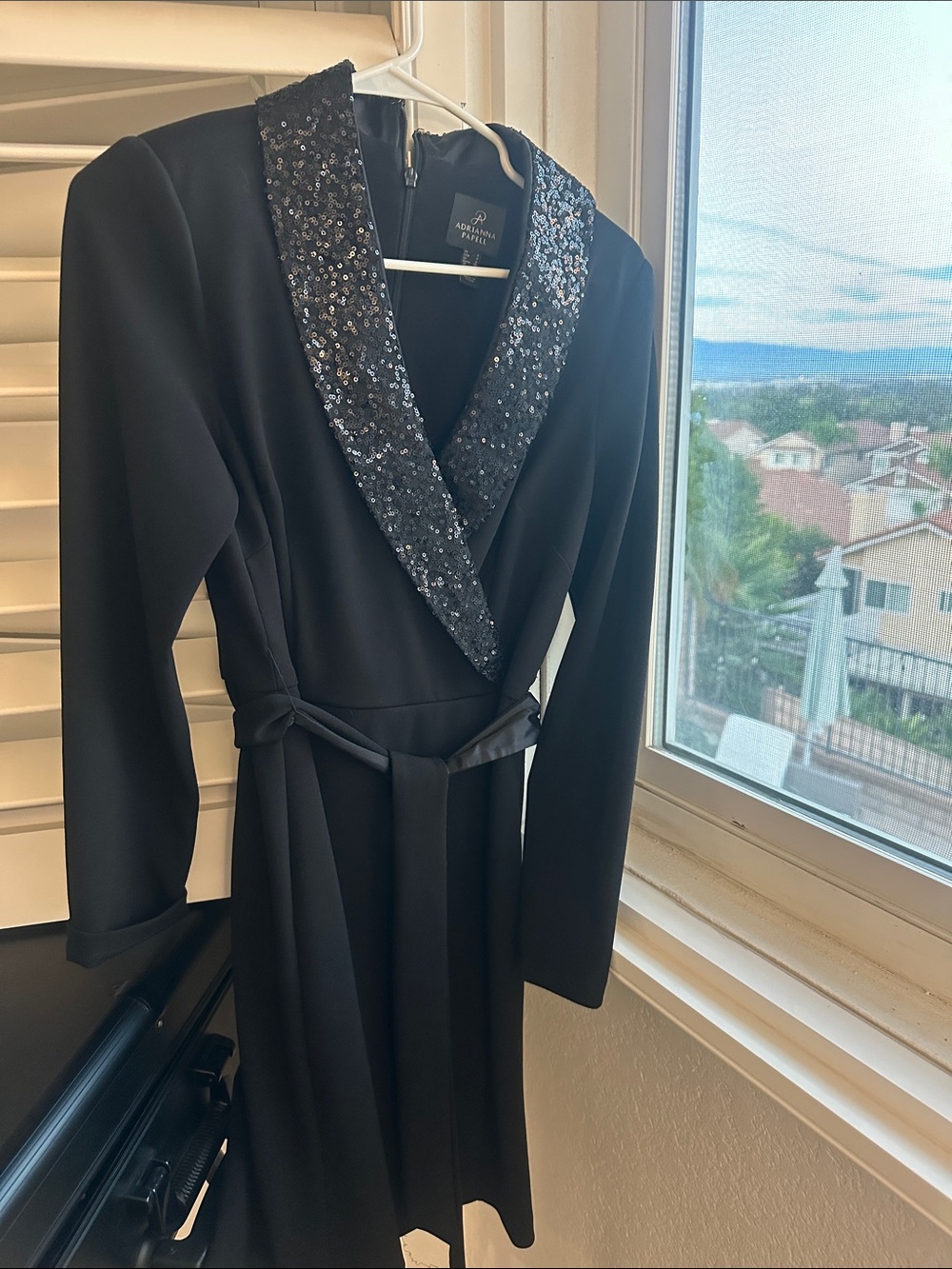 Adrianna Papell Black Long Sleeve Sequin Collar Wrap Dress